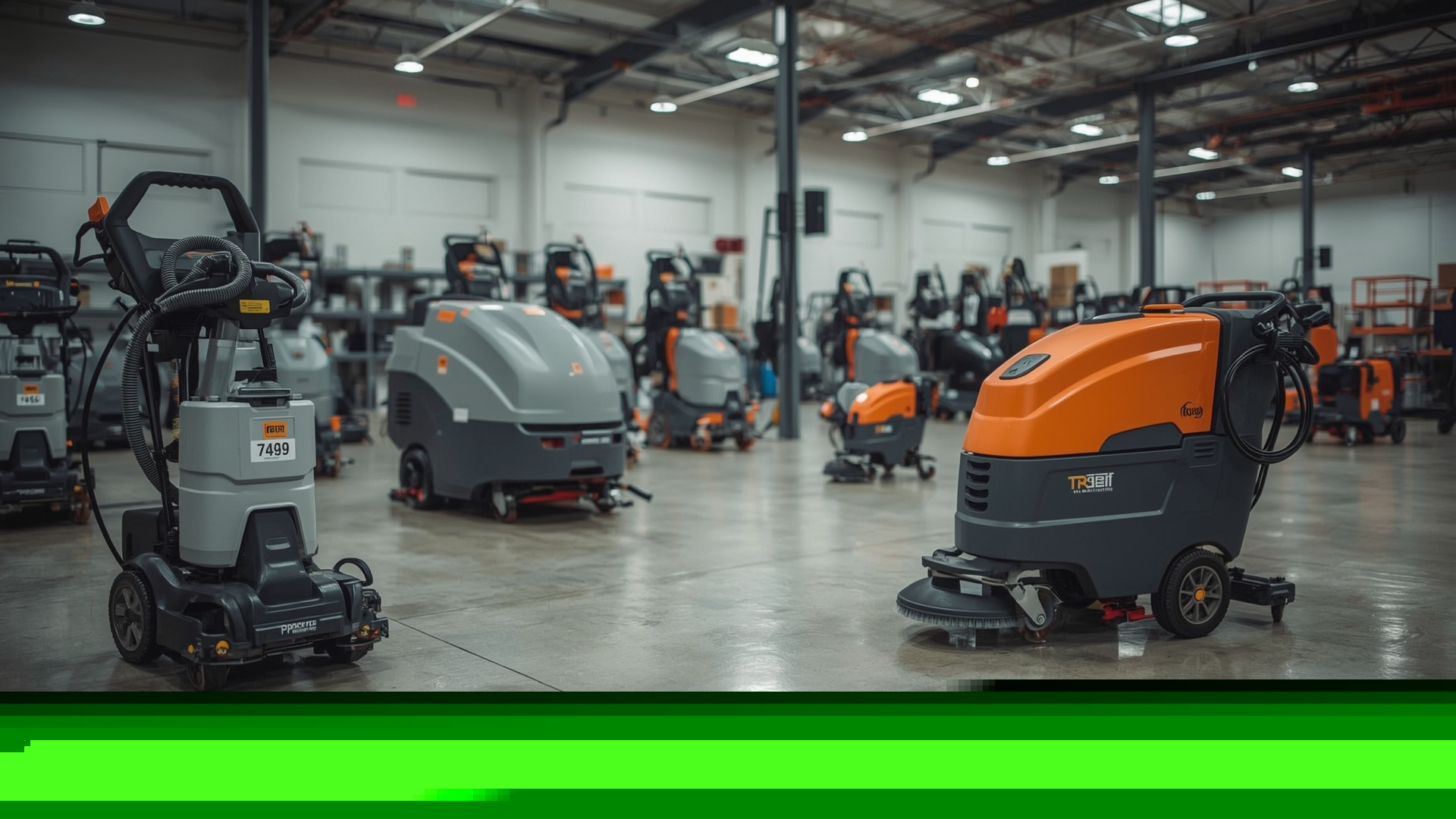 Assorted homeowner hire cleaning equipment arranged in a hardware hire centre showroom