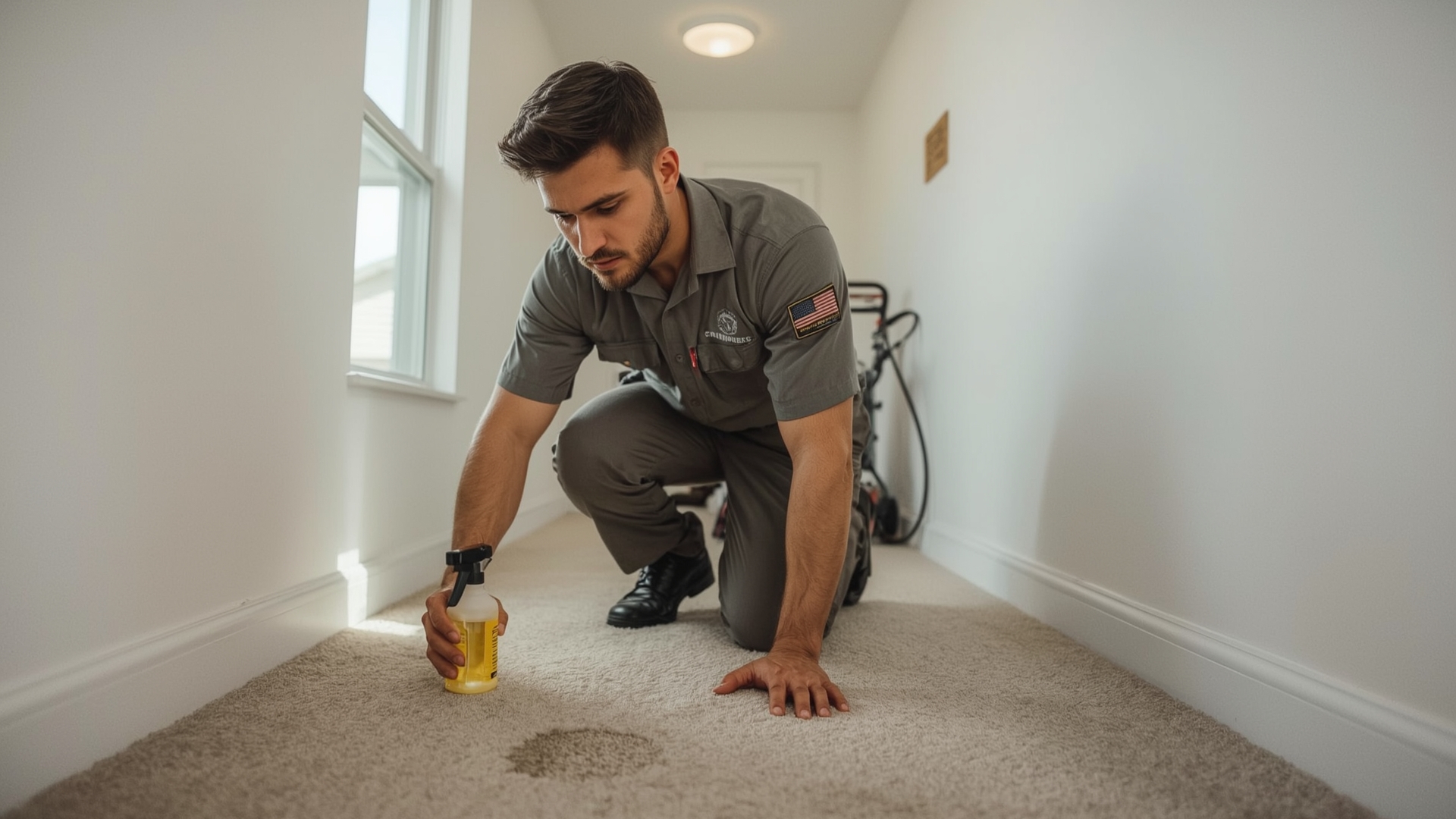 Carpet cleaning technician pre-treating stains during end of tenancy professional clean