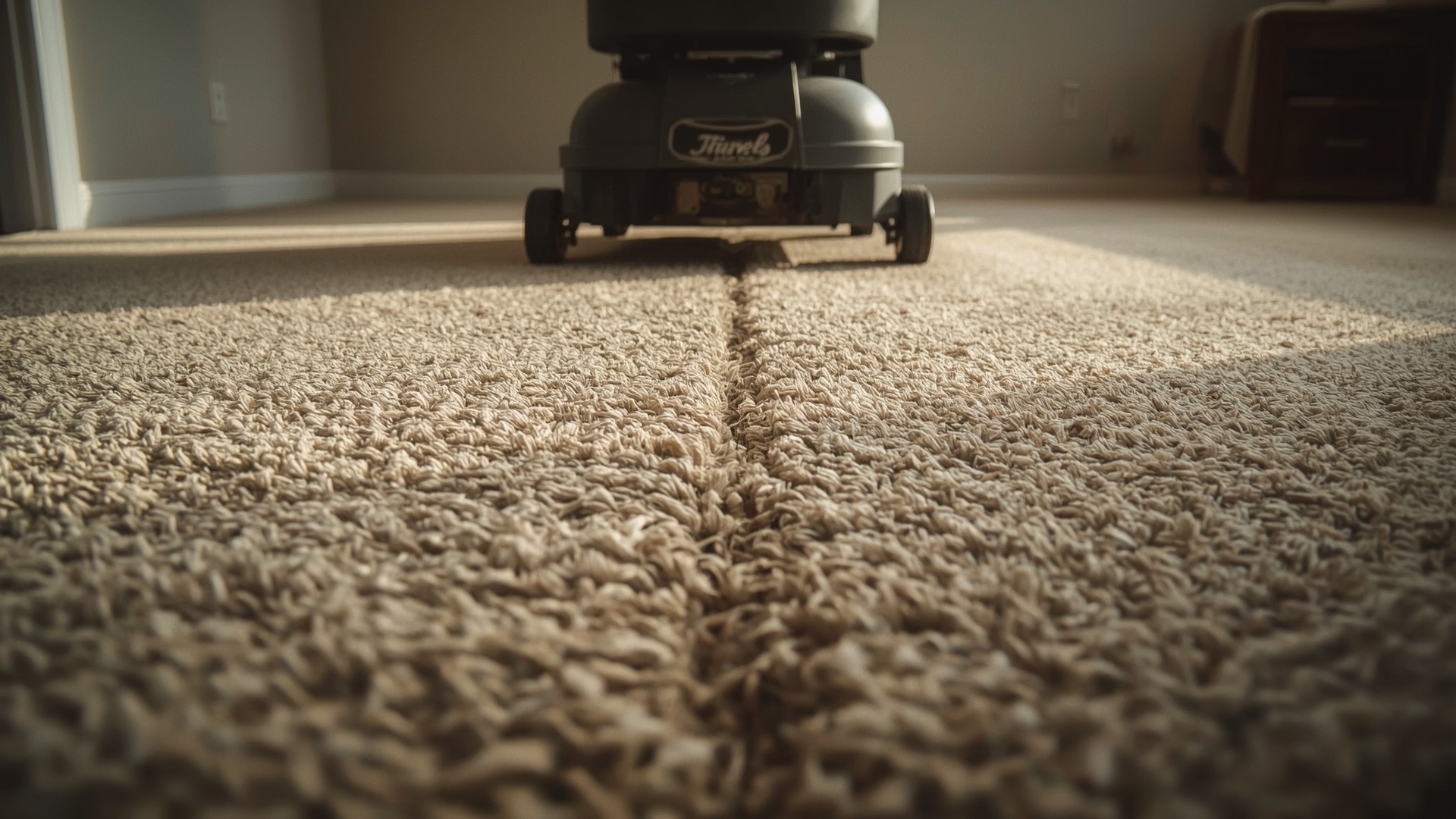 Carpet extractor machine cleaning residential carpet showing cleaned path on living room floor
