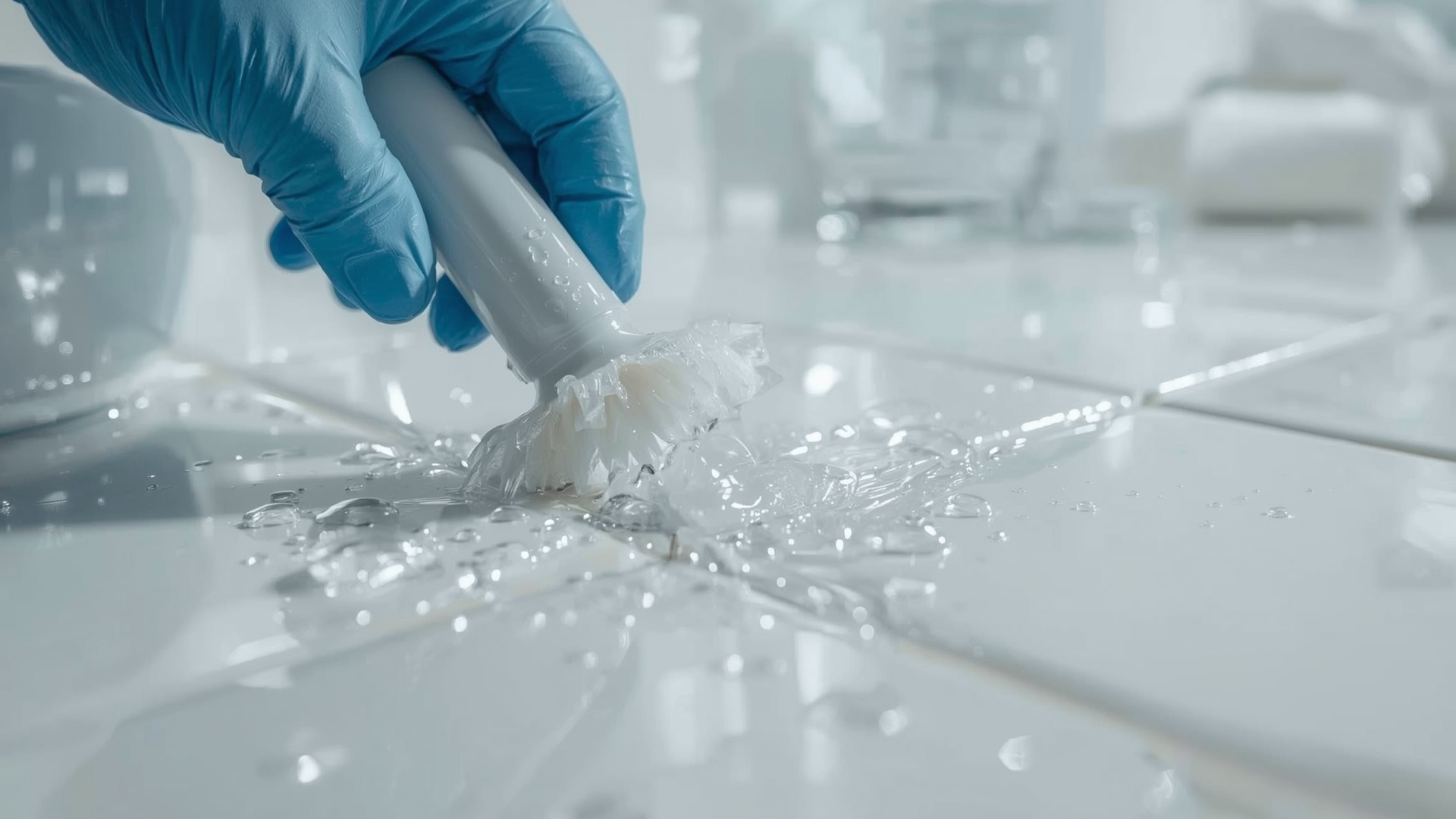 Close-up of gloved hand scrubbing bathroom tile grout during a deep clean service