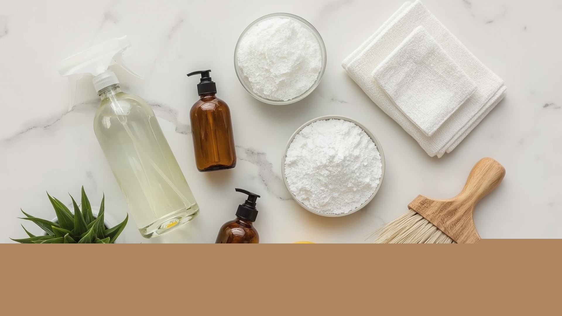 Flat lay of eco-friendly and hypoallergenic house cleaning products on white marble