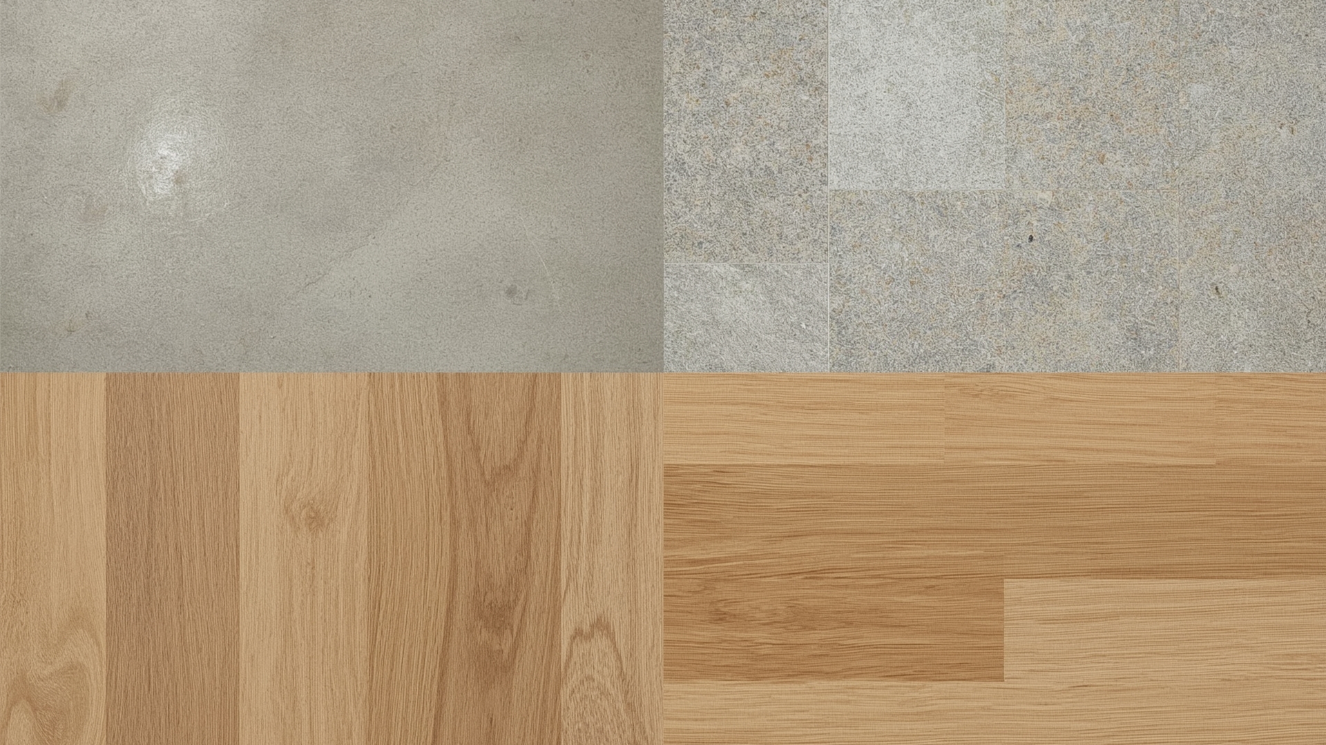 Four commercial floor surface types including concrete, quarry tile, vinyl, and hardwood shown in detail