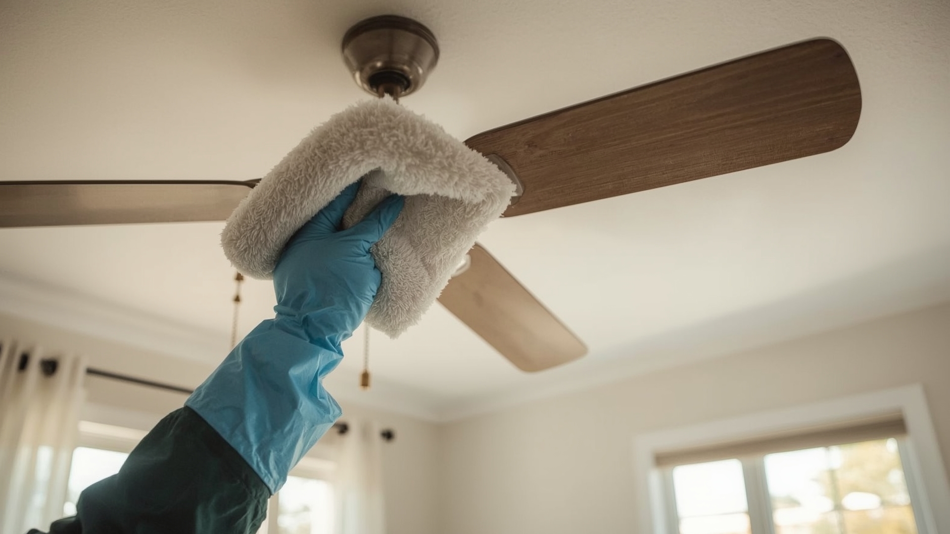 Gloved cleaner wiping dust from ceiling fan blade during rental property turnover inspection clean