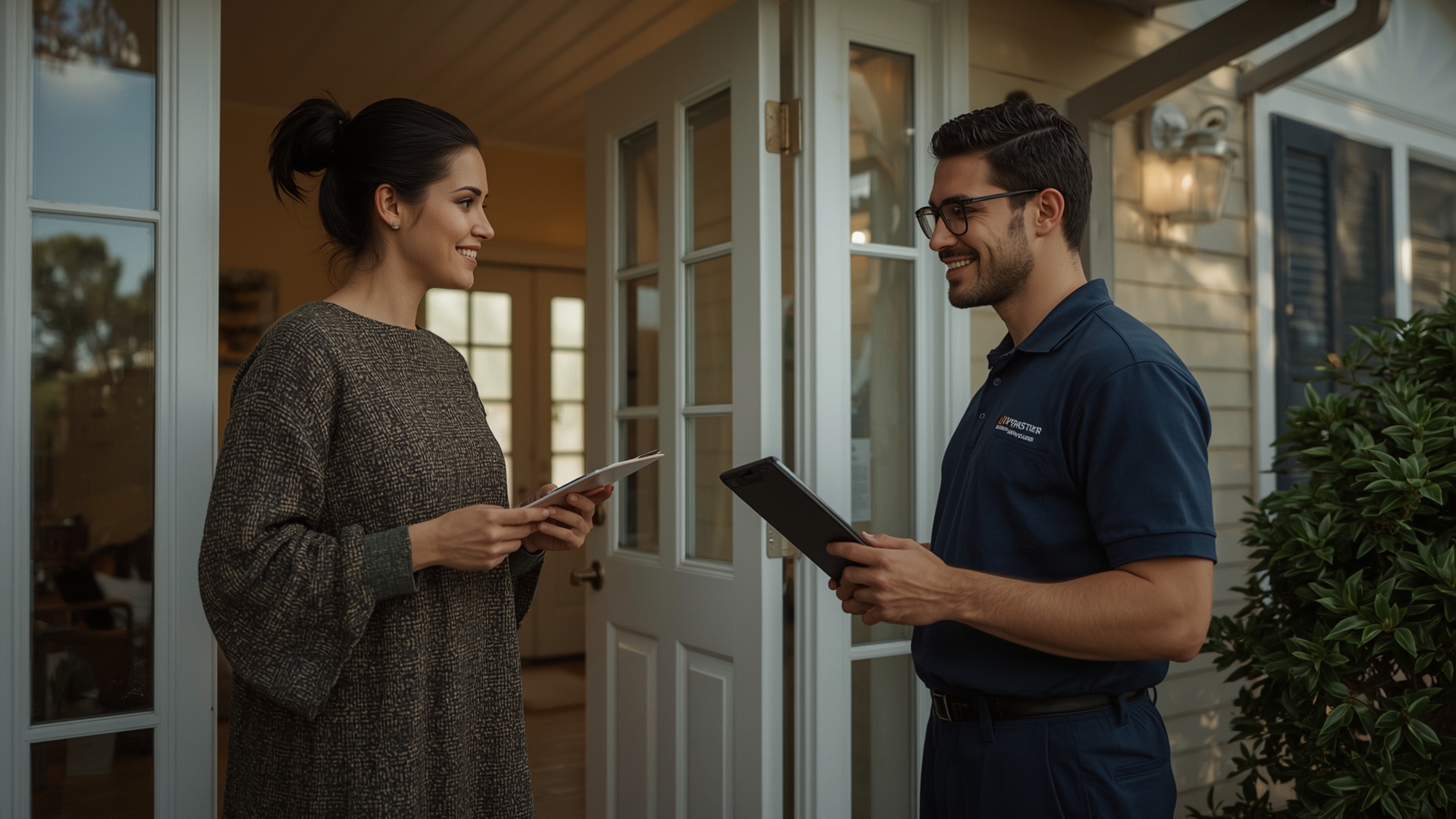 Homeowner asking screening questions to uniformed cleaning company professional at front door