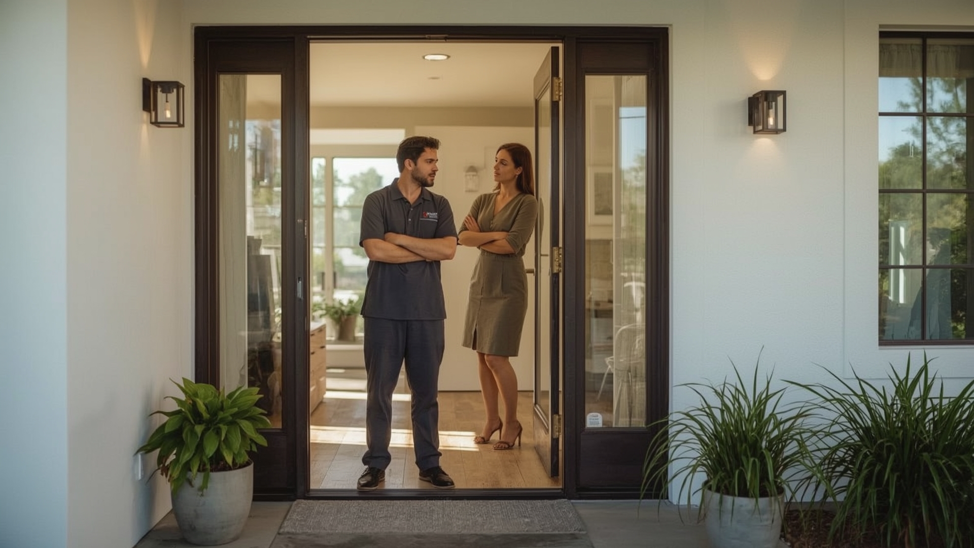 Homeowner evaluating a uniformed cleaning professional at the front door of a modern home