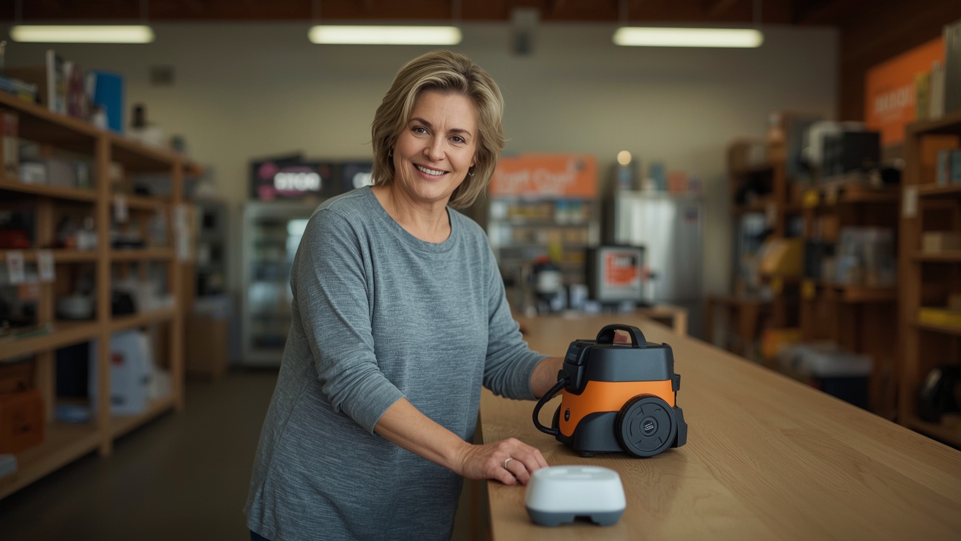Homeowner examining carpet extractor hire machine at a hardware store hire counter