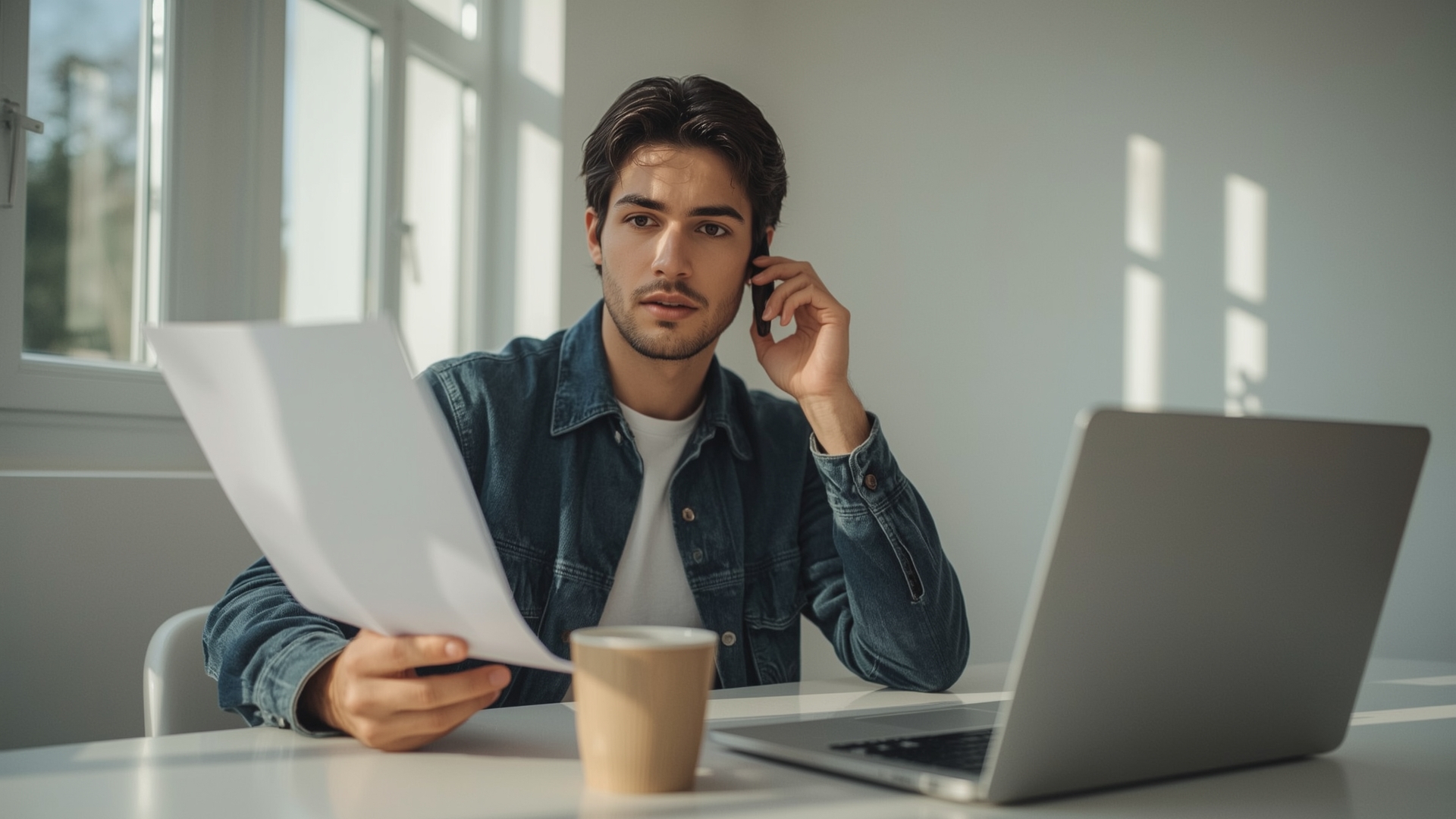 Homeowner reviewing an insurance document while verifying coverage by phone at kitchen table