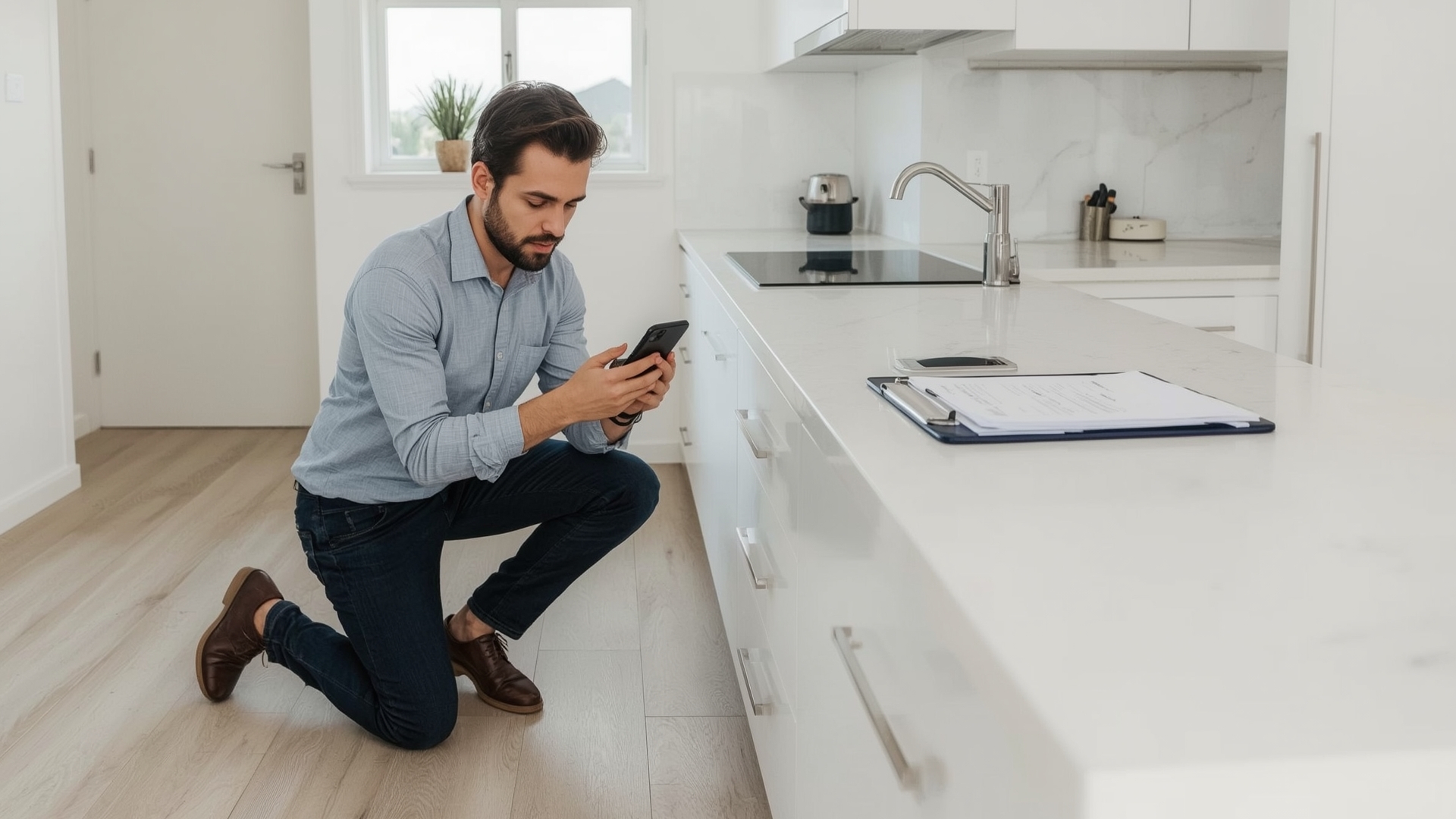 Landlord photographing kitchen benchtop during rental property entry condition report inspection