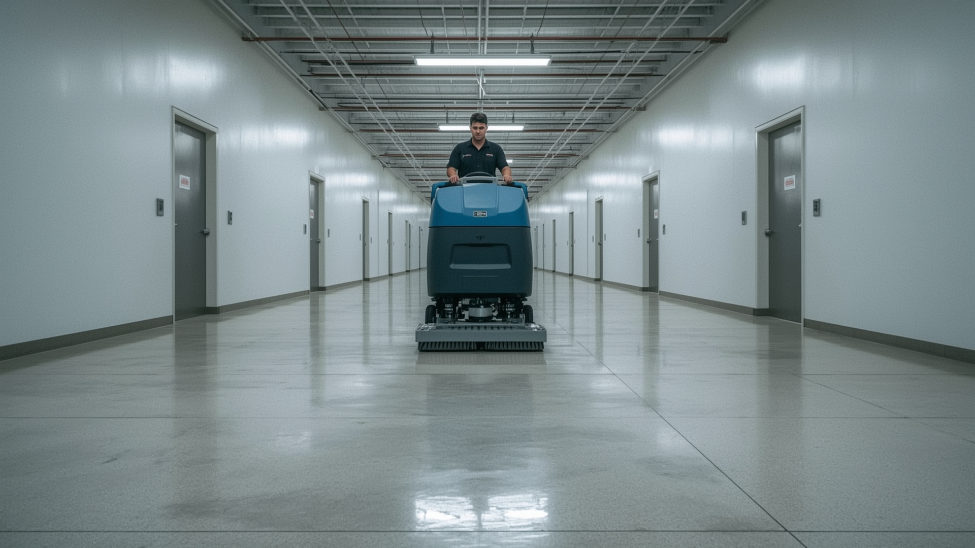 Operator using a walk-behind commercial floor scrubber on polished concrete in a large facility