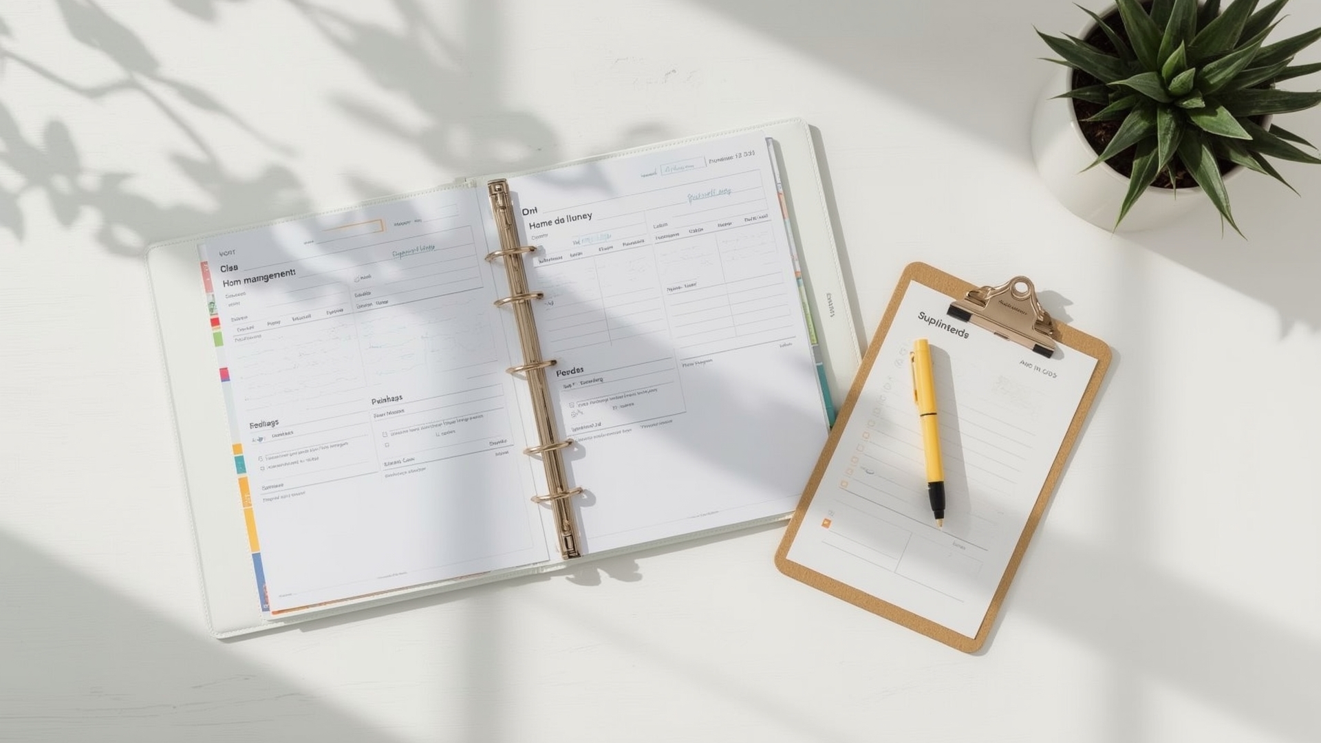 Overhead flat lay of organized home cleaning binder with color-coded tabs and checklists