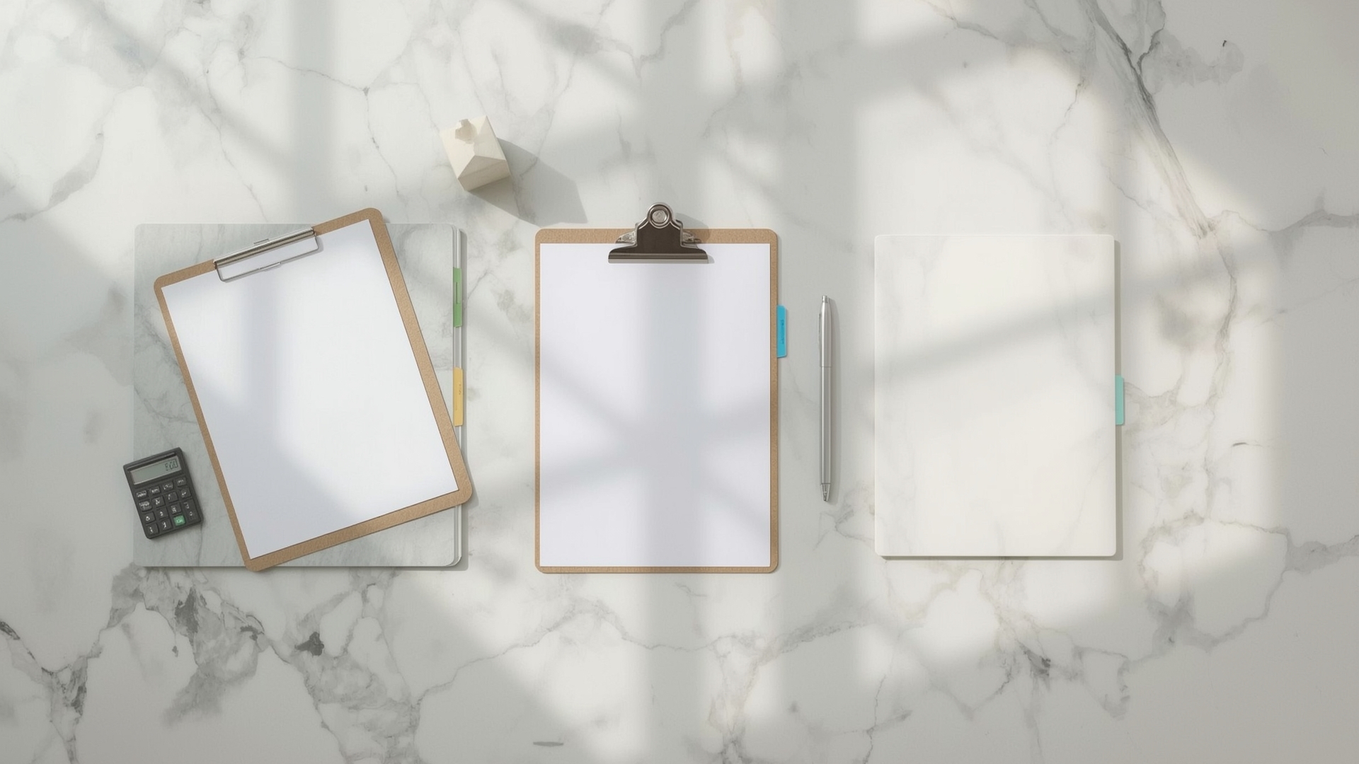 Overhead flat-lay of organized insurance documents and a small house figurine on marble