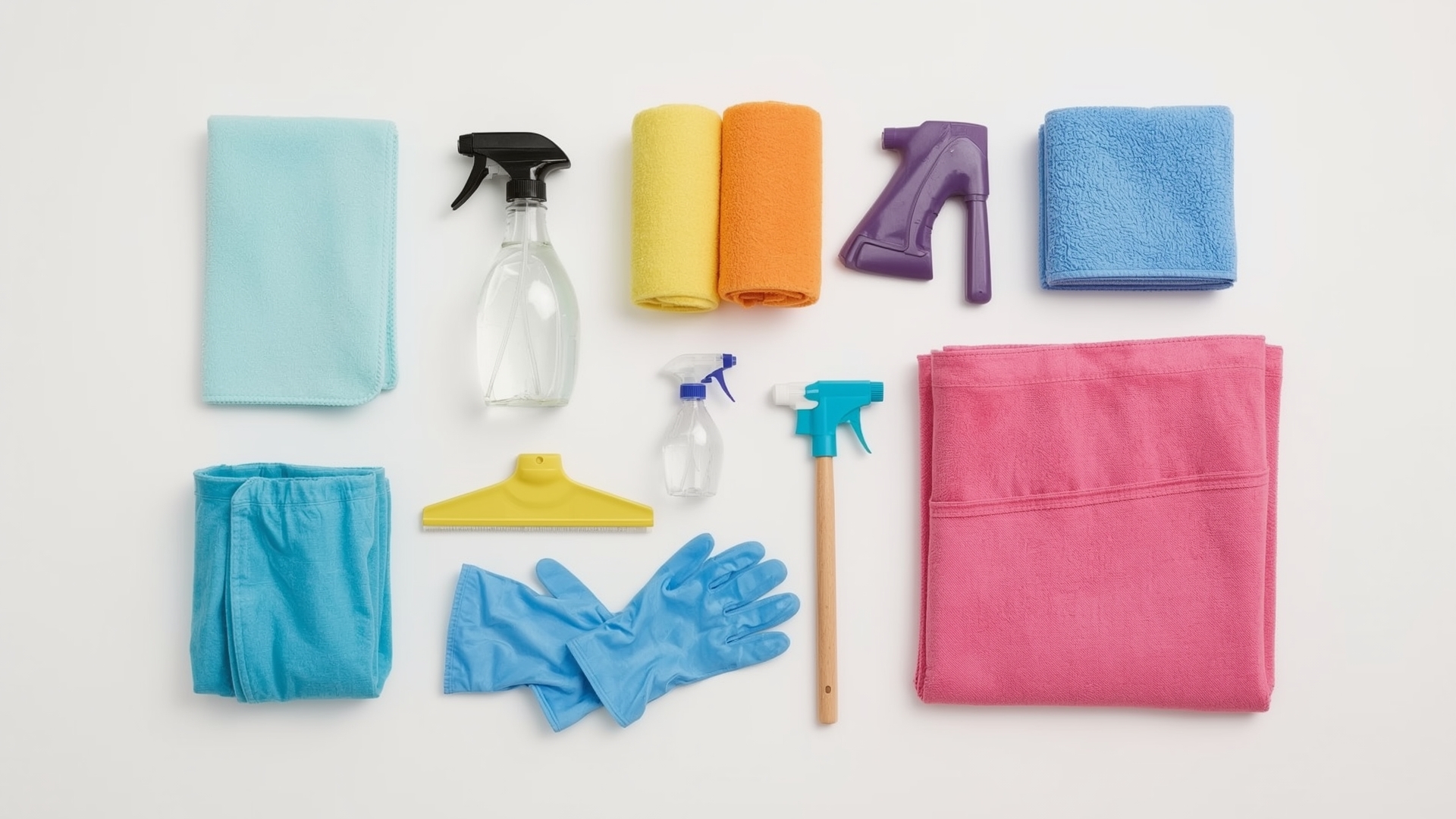 Overhead flat lay of professional house cleaning tools and supplies arranged neatly