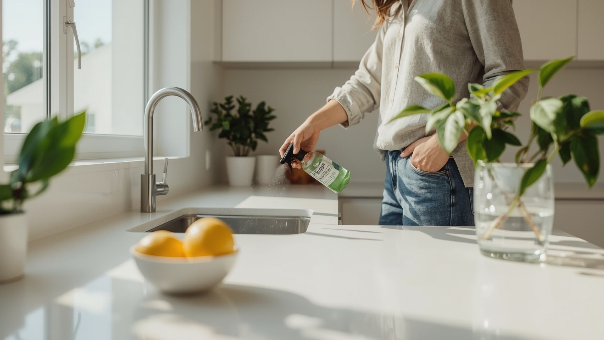 Person spraying green disinfectant on kitchen countertop in bright modern home kitchen