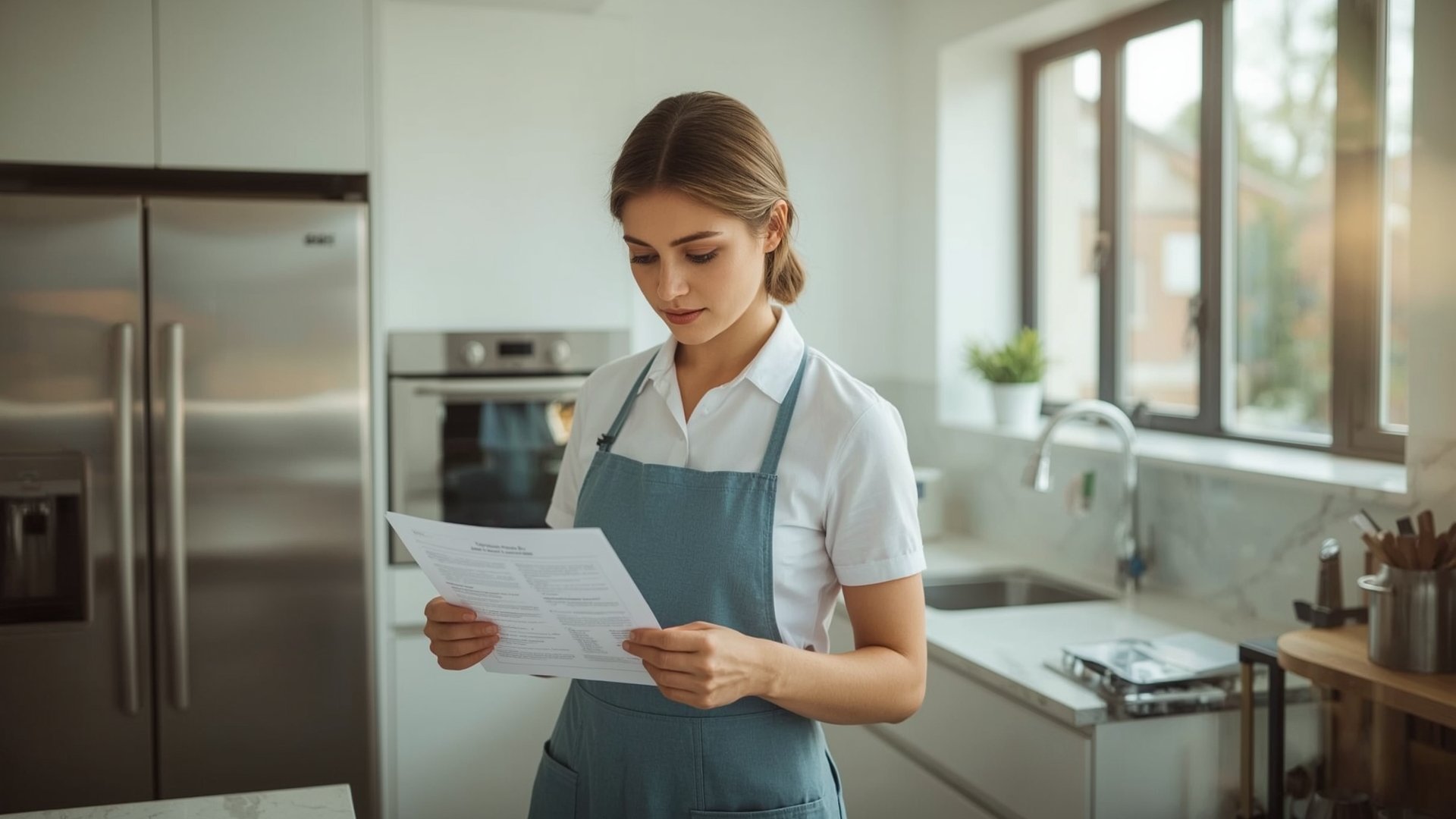 Professional cleaner reviewing printed home cleaning instructions in a modern kitchen