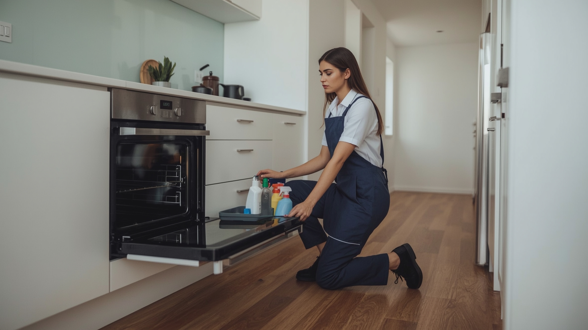 Professional cleaner with equipment preparing for a rental property turnover clean in modern kitchen