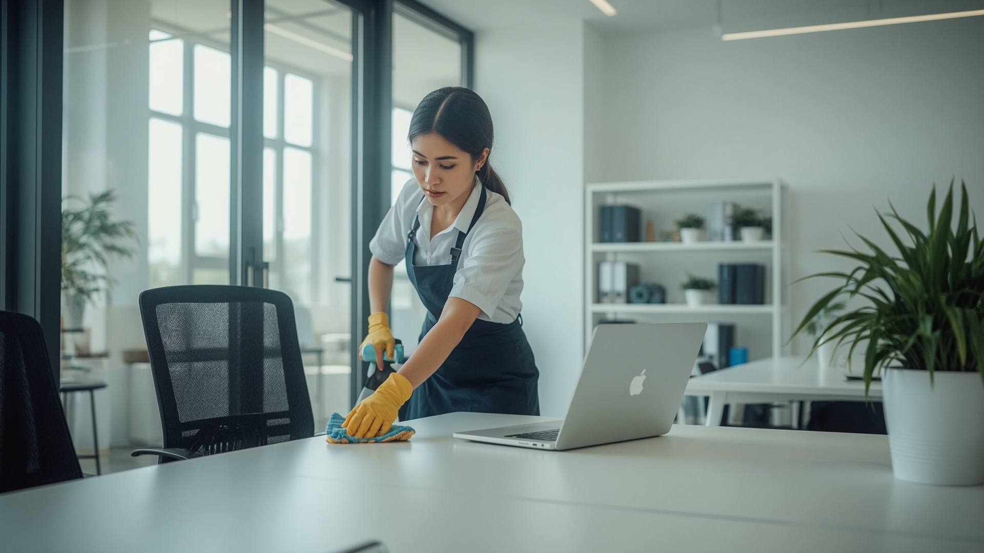 Professional cleaner working carefully in a modern office environment with natural light
