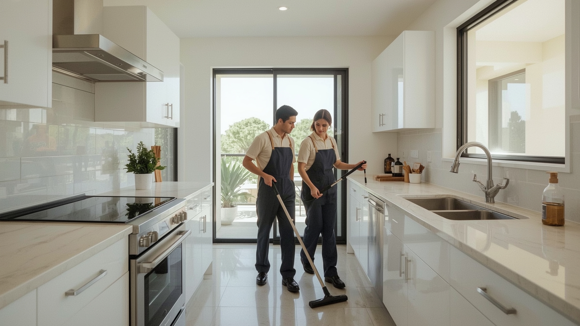 Professional cleaners completing a full kitchen turnover clean in a residential rental property