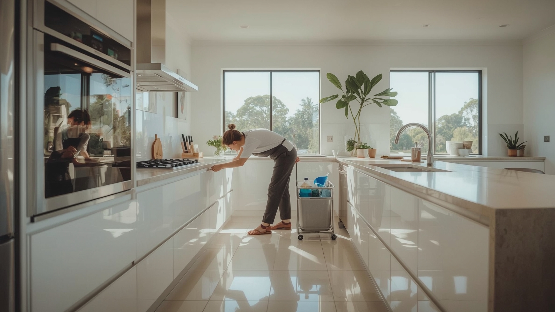 Professional house cleaner performing a deep clean inside a modern kitchen oven