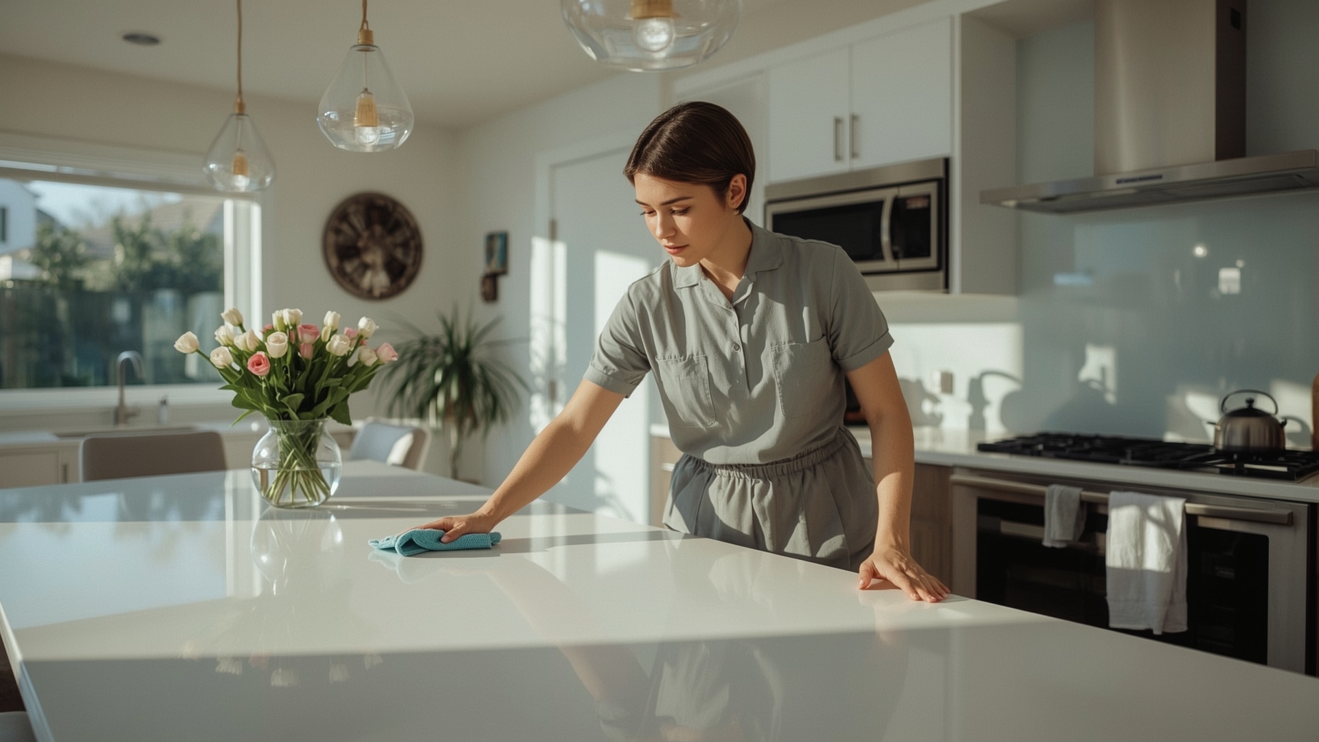 Professional house cleaner wiping kitchen counters in a bright modern home