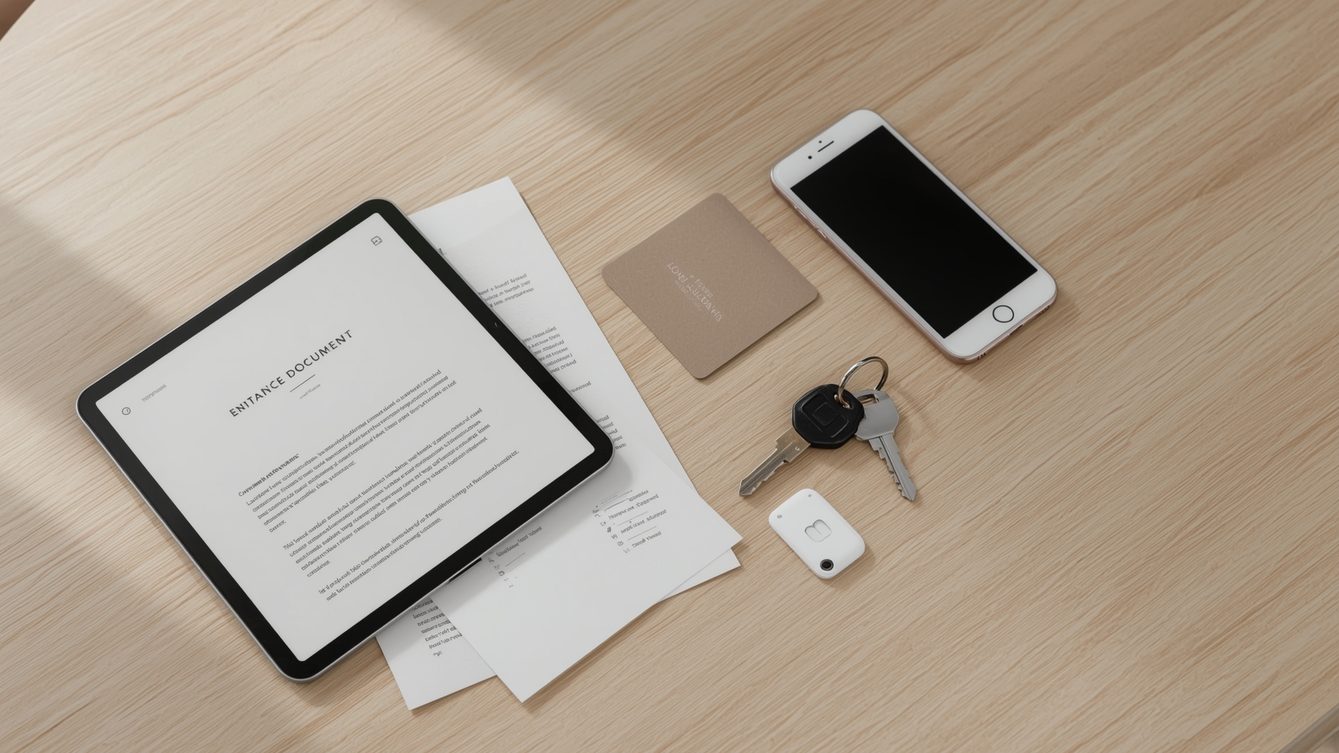 Tablet printed document and laminated card arranged on a clean desk for home cleaning reference