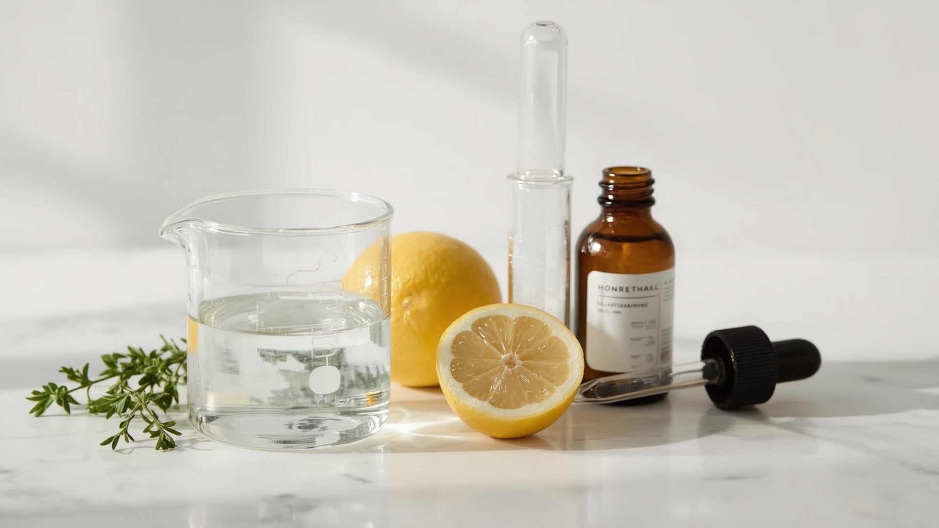 Three natural disinfectant active ingredients hydrogen peroxide thymol and citric acid in glass beakers