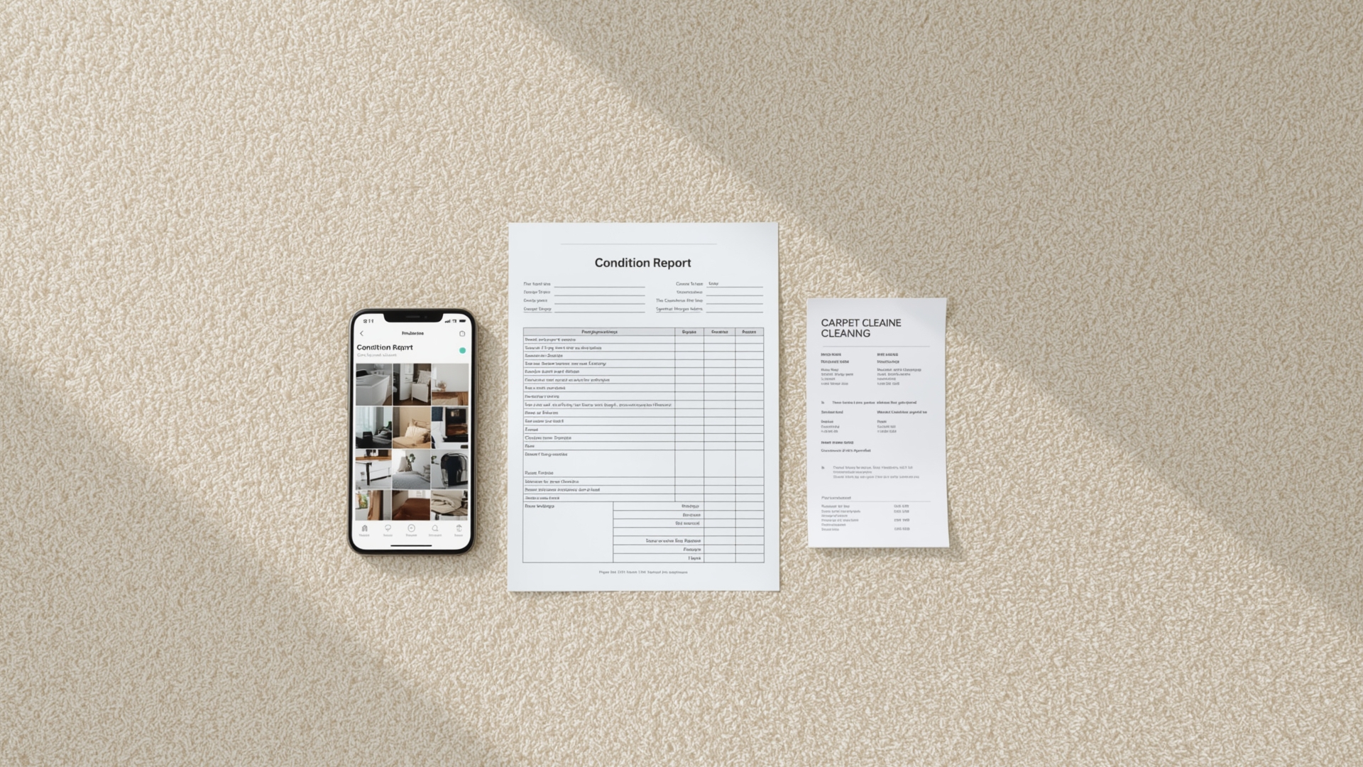 Timestamped photos and cleaning receipt laid out for end of tenancy carpet documentation