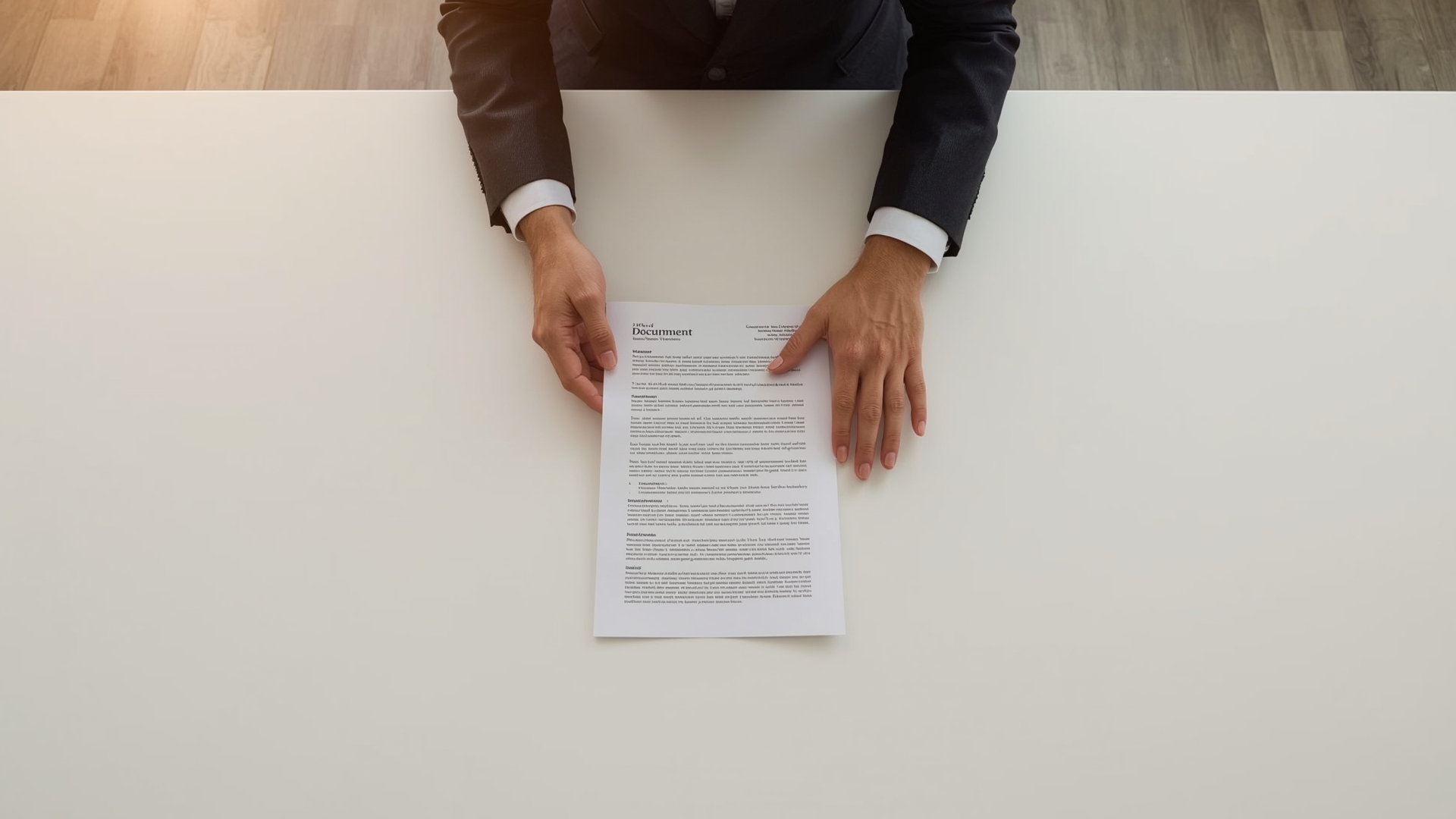 Two professionals reviewing an official insurance document across a clean office desk