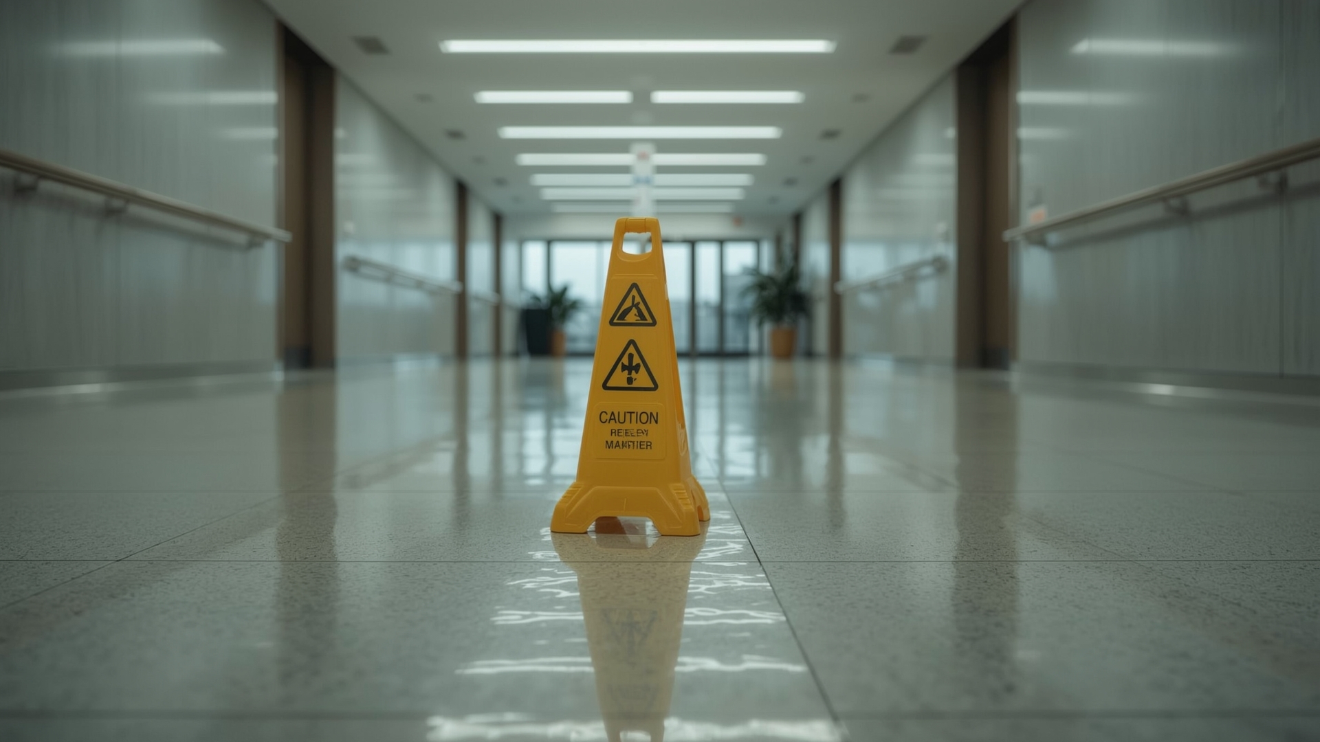 Yellow caution marker placed on wet commercial floor in an empty office corridor