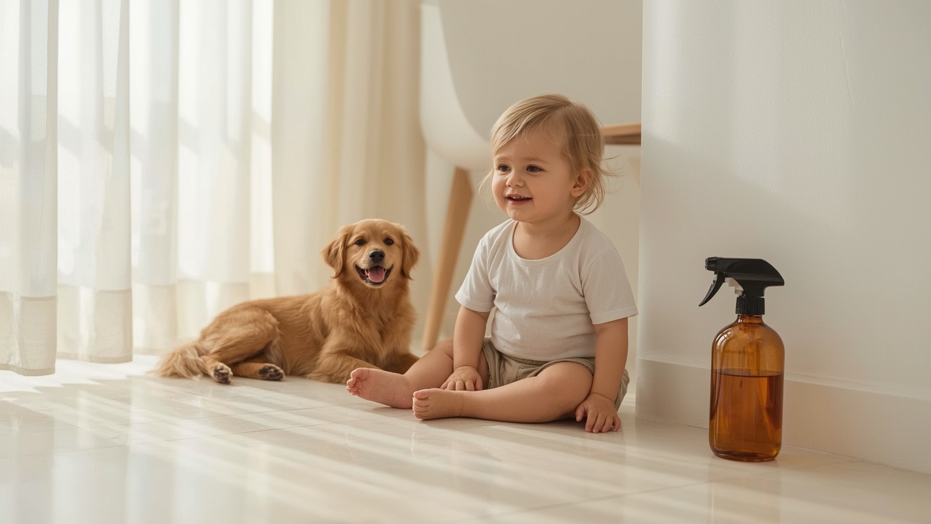 Young child and pet dog sitting safely on clean tile floor after green disinfectant dries